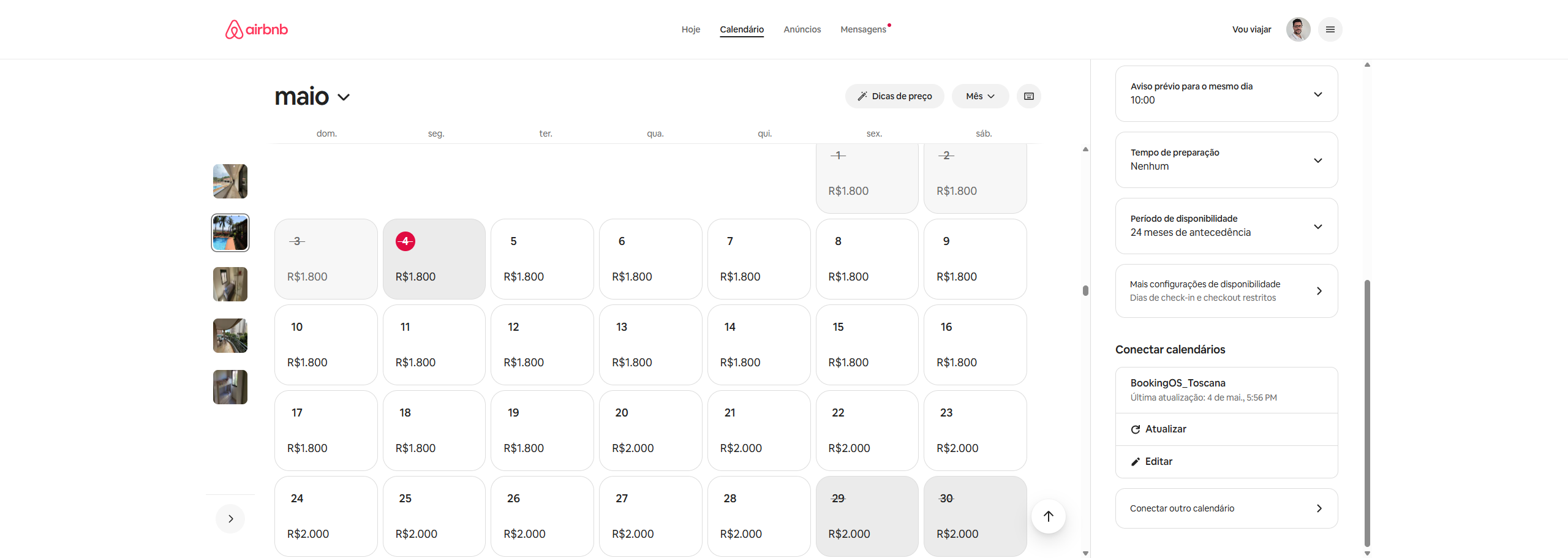 Tela de configuração iCAL no BookingOS