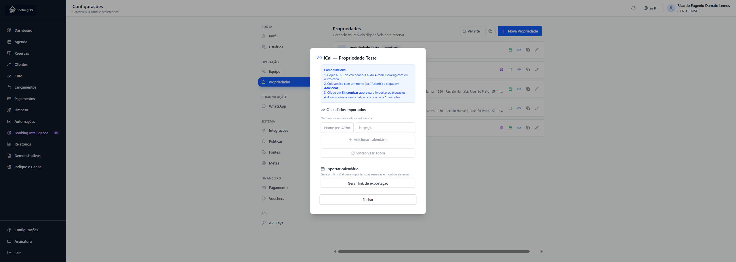 Link de exportação iCAL do BookingOS